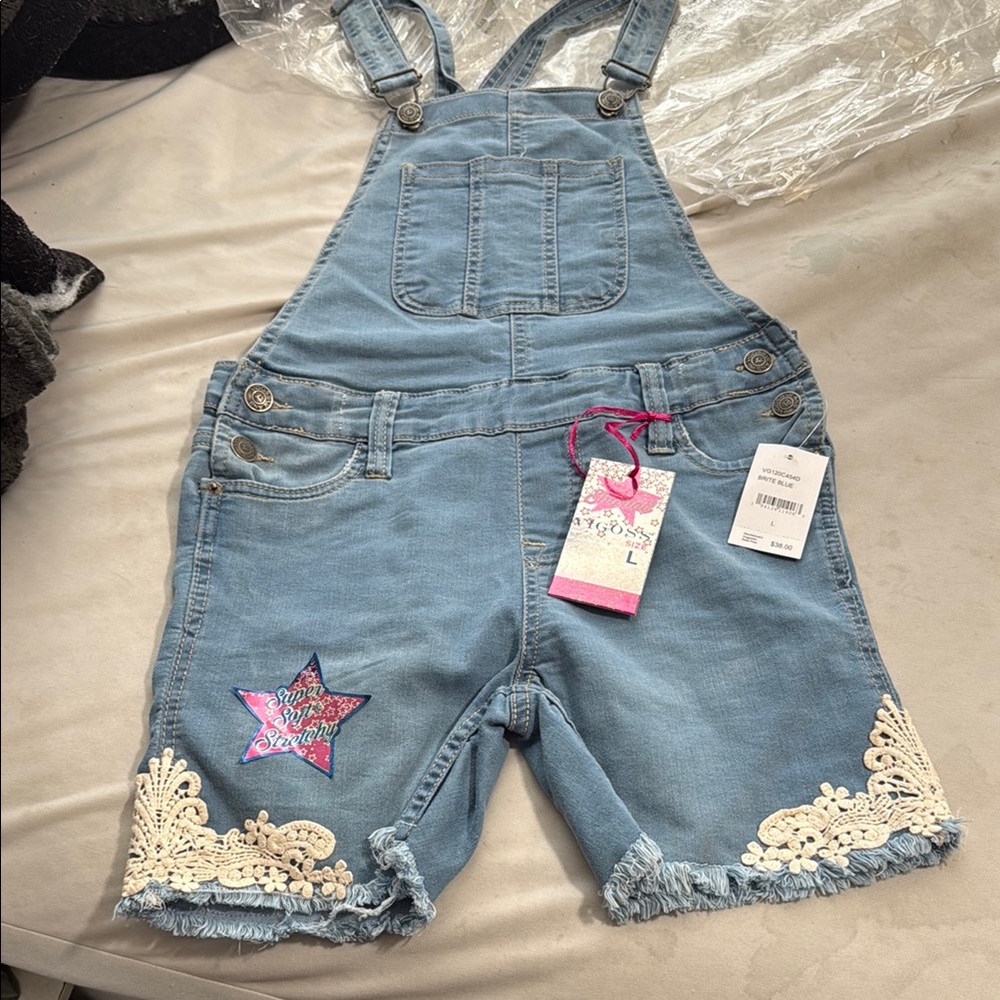 Vigoss Blue Denim Kids Romper with Lace Trim